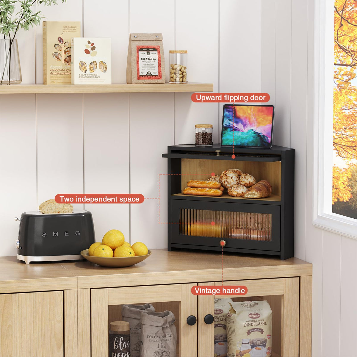 Goozii bread box two-tier capacity fits loaves, muffins and pastries.