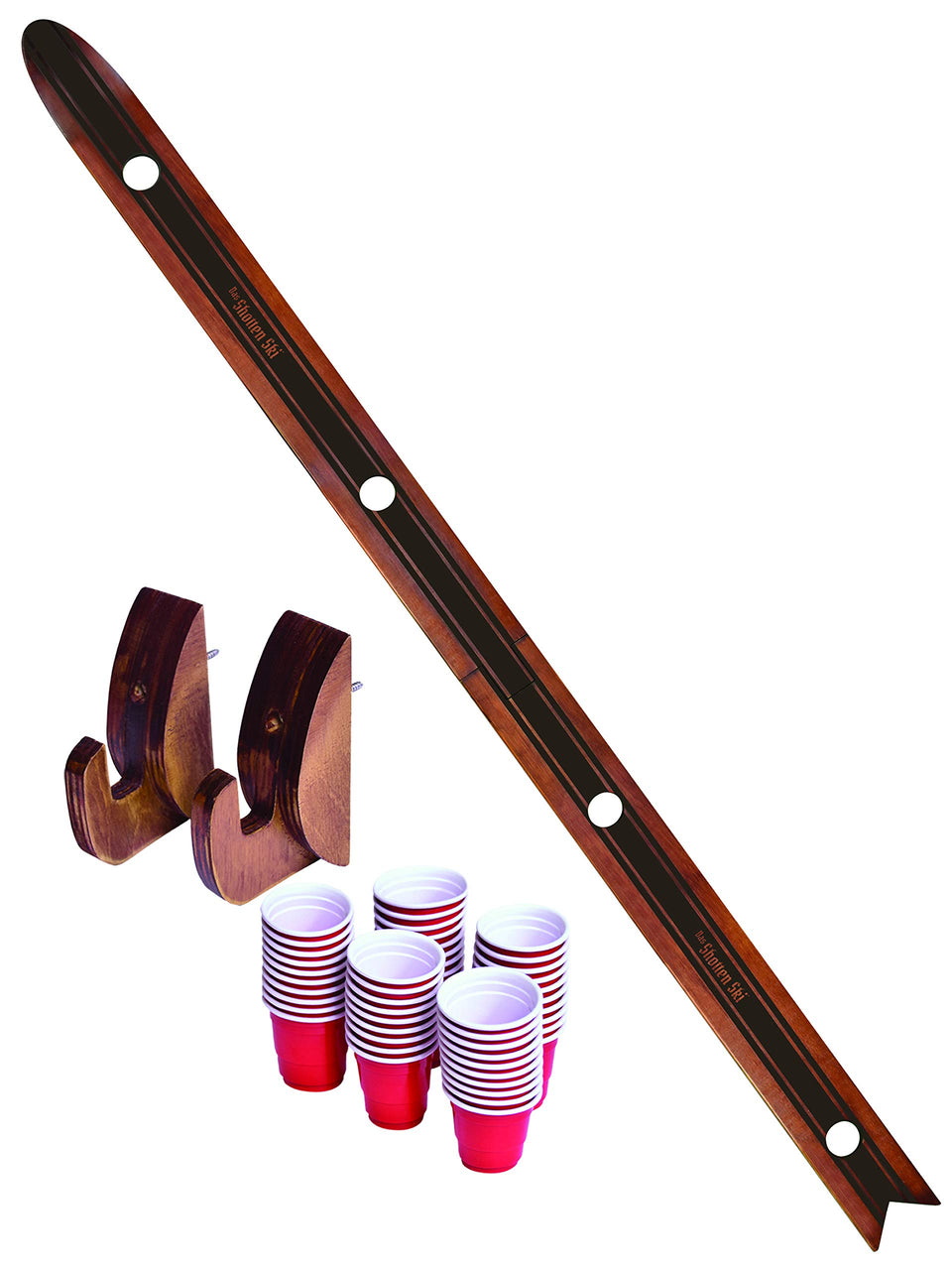 GoPong Das Shotten Ski rustic wood board with four shot slots for group play.
