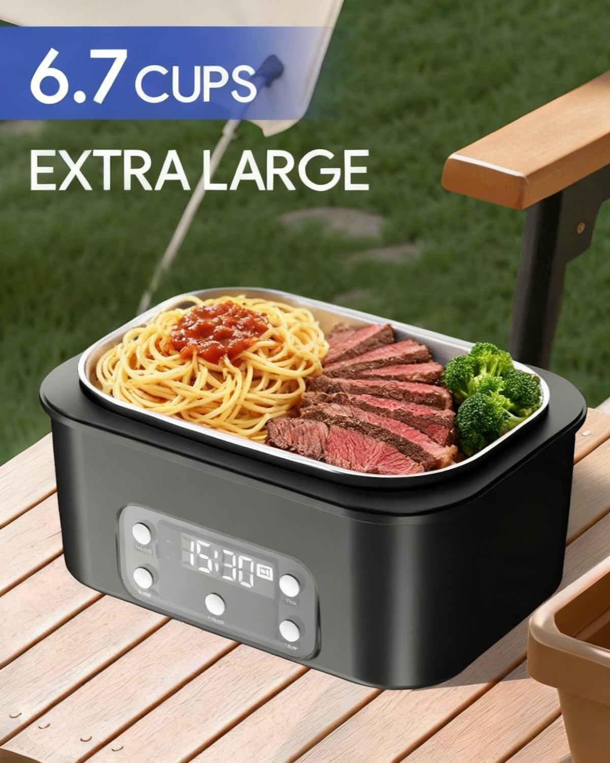 Gorgeous cordless lunch box illustrating 6.7 cup capacity for a full meal.