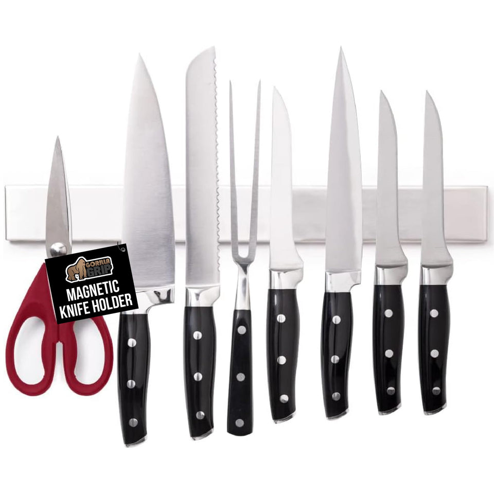 GORILLA GRIP 304 stainless magnetic knife holder on wall, strong hold for kitchen knives.
