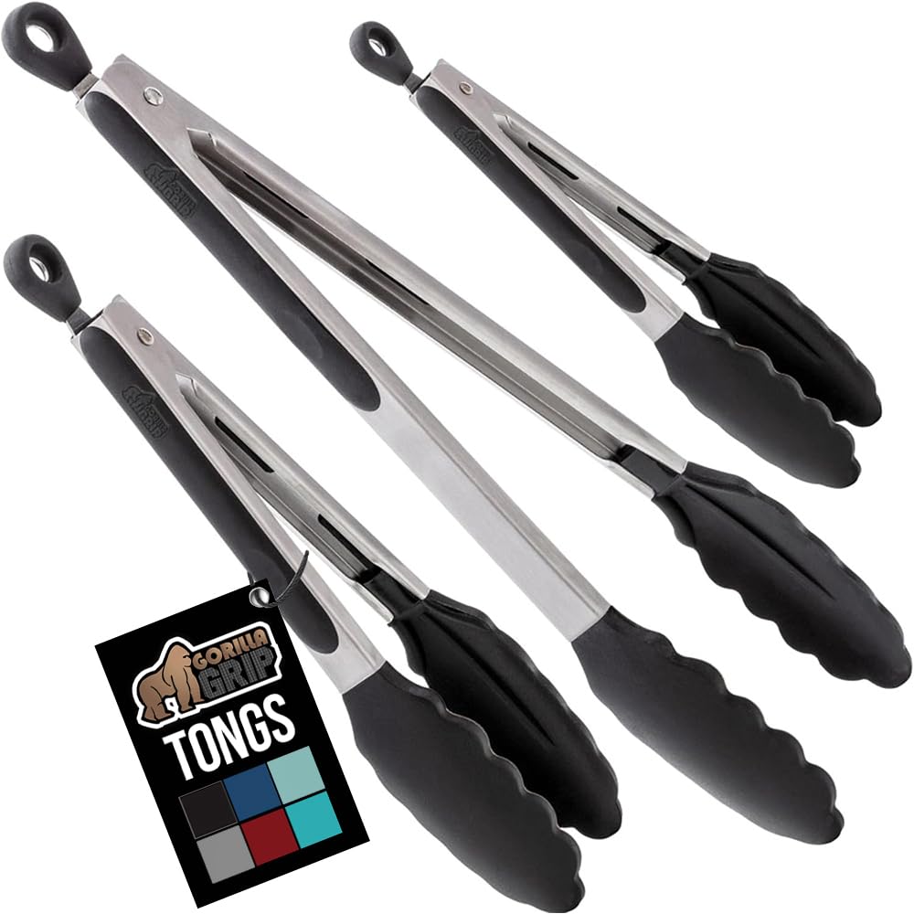 GORILLA GRIP 7-inch tong with silicone edge for precise small-ingredient grabs.