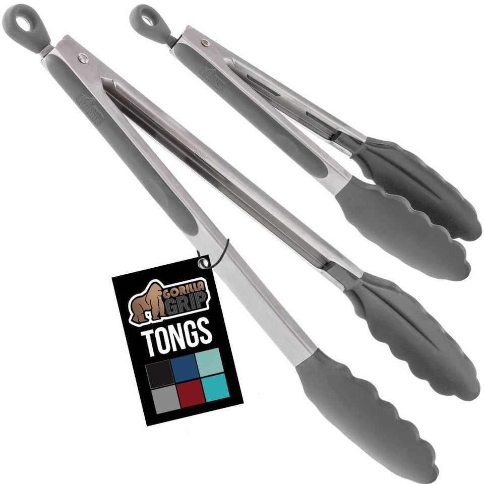 GORILLA GRIP 7-inch tongs with silicone tip for nonstick pans and precise handling.
