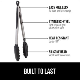 GORILLA GRIP 9-inch tong with silicone-edge for even grilling control.