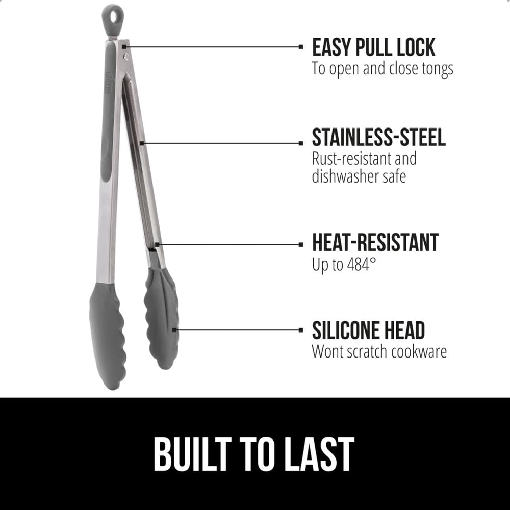 GORILLA GRIP 9-inch tongs with silicone tip ideal for grilling and flipping.