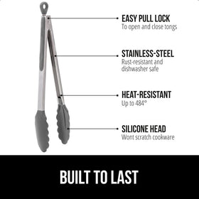 GORILLA GRIP 9-inch tongs with silicone tip ideal for grilling and flipping.