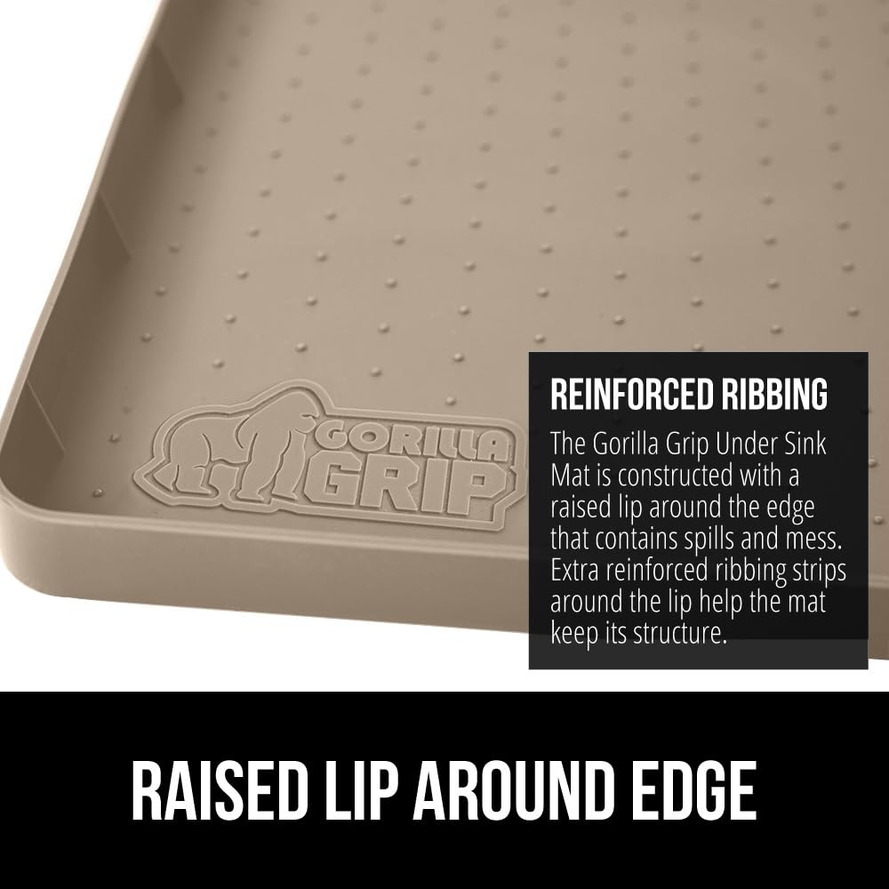 Gorilla Grip beige under-sink mat blends with cabinets and protects