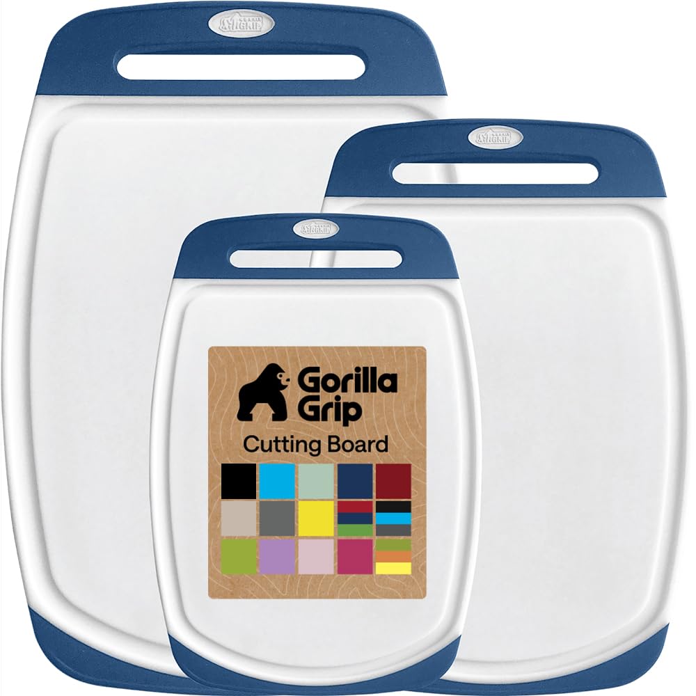 Gorilla Grip blue cutting board set, top view, perfect for quick meal prep.