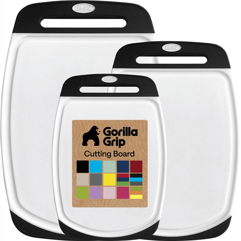 GORILLA GRIP BPA-Free cutting boards set with three large boards for kitchen prep.