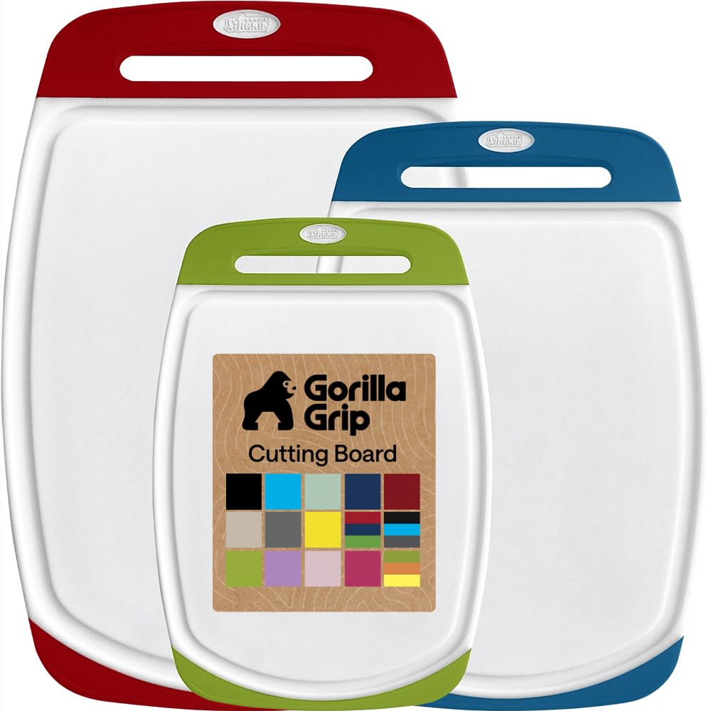 GORILLA GRIP red cutting board with nonporous surface for mess-free prep.