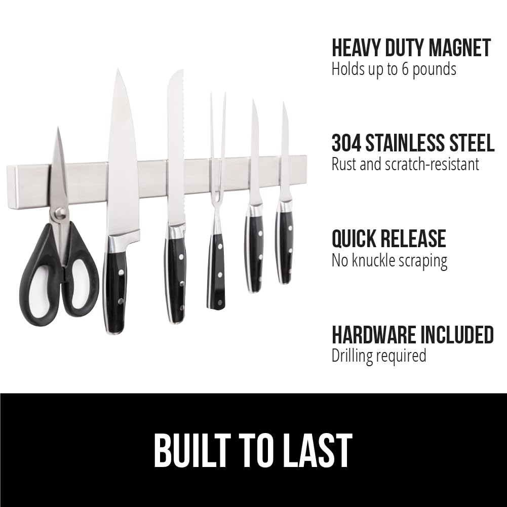 GORILLA GRIP close-up magnet bar showing secure grip for various knives.