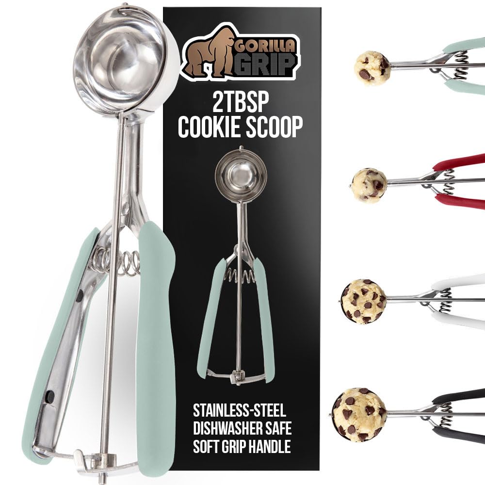 GORILLA GRIP cookie scoop with 2-tablespoon capacity for uniform, bakery-style cookies.
