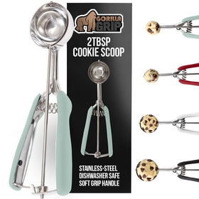 GORILLA GRIP cookie scoop with 2-tablespoon capacity for uniform, bakery-style cookies.