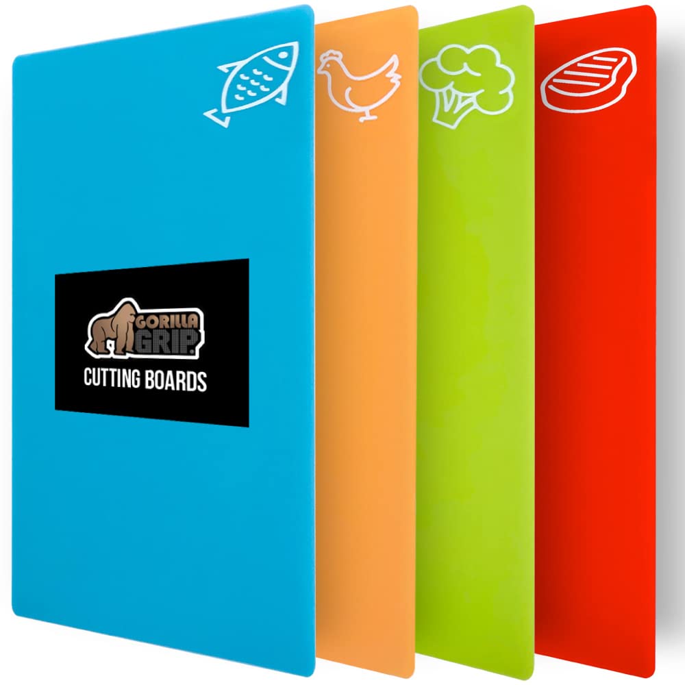 GORILLA GRIP cutting board with meat icons for easy meat prep and cross-contamination awareness.