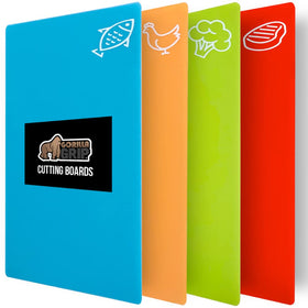 GORILLA GRIP cutting board with meat icons for easy meat prep and cross-contamination awareness.