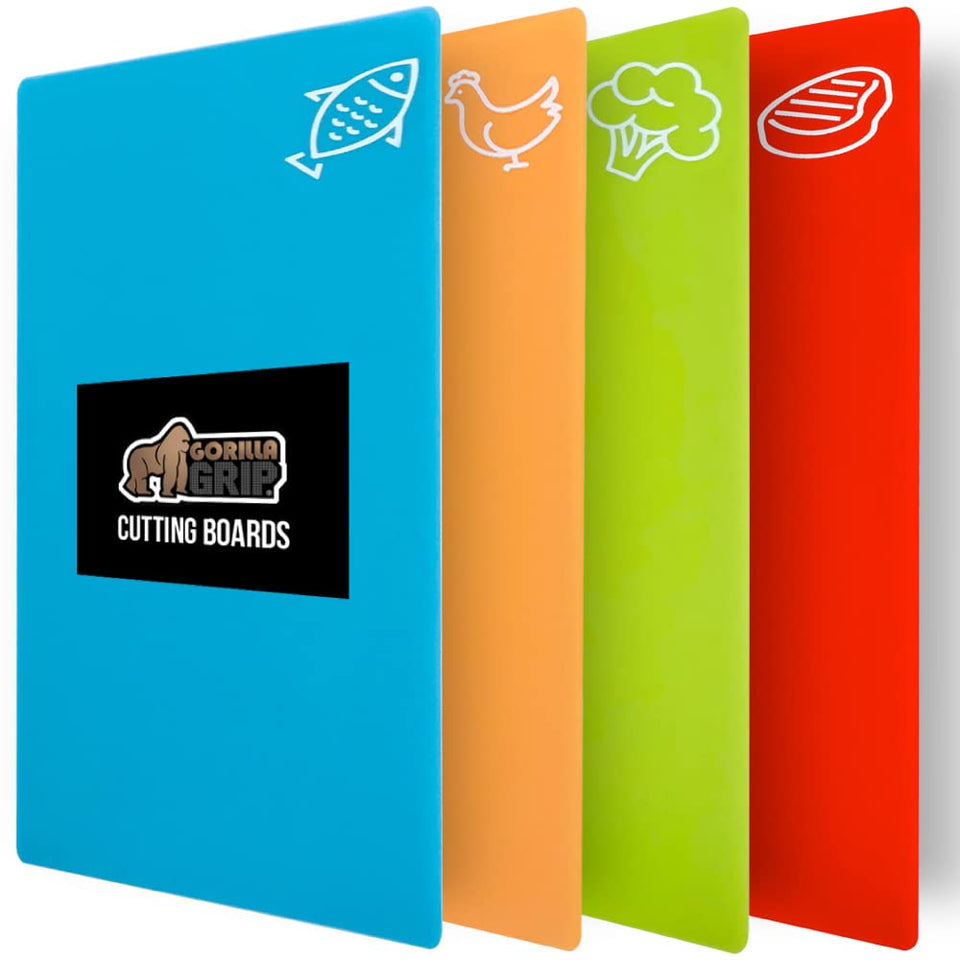 GORILLA GRIP cutting board with meat icons for easy meat prep and cross-contamination awareness.