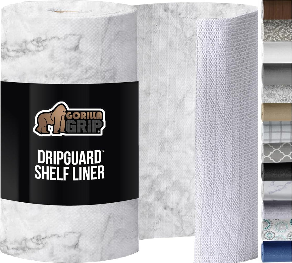GORILLA GRIP DripGuard shelf liner on front view demonstrates strong grip on shelves and prevents shifting.