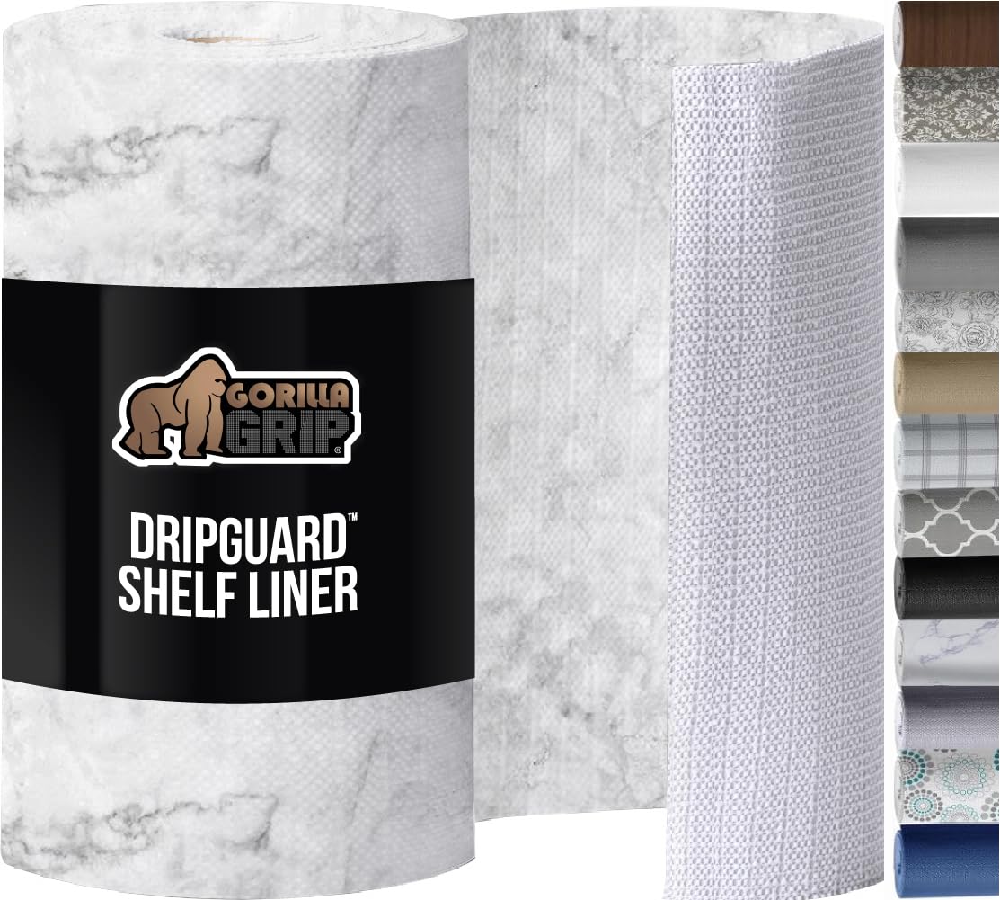 GORILLA GRIP DripGuard shelf liner close-up shows marble finish and spill protection