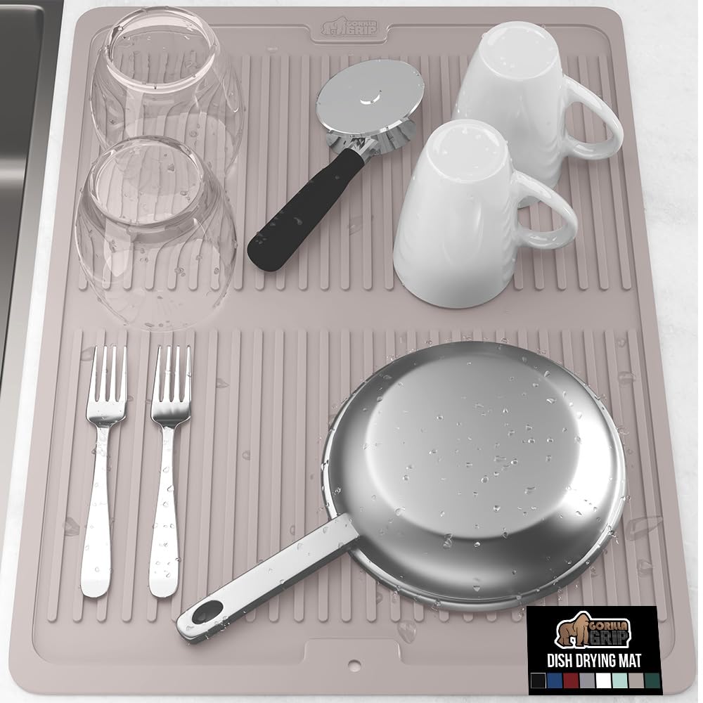 GORILLA GRIP dish drying mat with ribbed design for quick air-drying.
