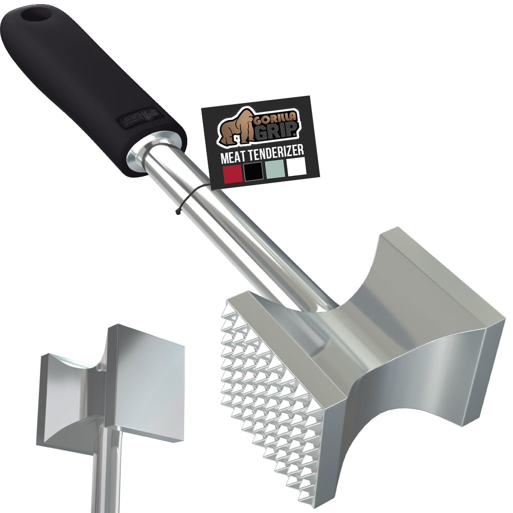GORILLA GRIP dual-sided tenderizer head for versatile pounding and flattening.