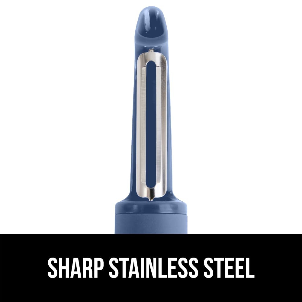 GORILLA GRIP dual swivel blades adapt to curved surfaces for smooth peeling.