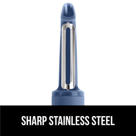 GORILLA GRIP dual swivel blades adapt to curved surfaces for smooth peeling.