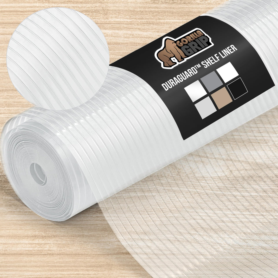 GORILLA GRIP DuraGuard shelf liner clear on a drawer keeps items in place