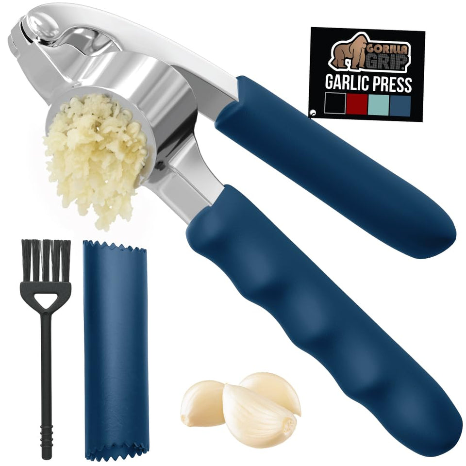 GORILLA GRIP Garlic Press Assembly enables easy squeezing of garlic cloves.