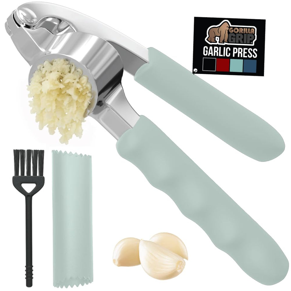Gorilla Grip garlic press with ergonomic handle for easy, comfortable squeezing