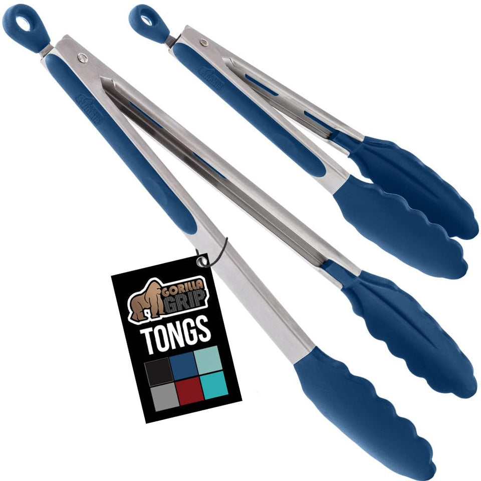 GORILLA GRIP 7-inch tongs with silicone tip for precise grabbing of ingredients.