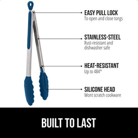 GORILLA GRIP 9-inch tongs with silicone tip for grilling and nonstick protection.