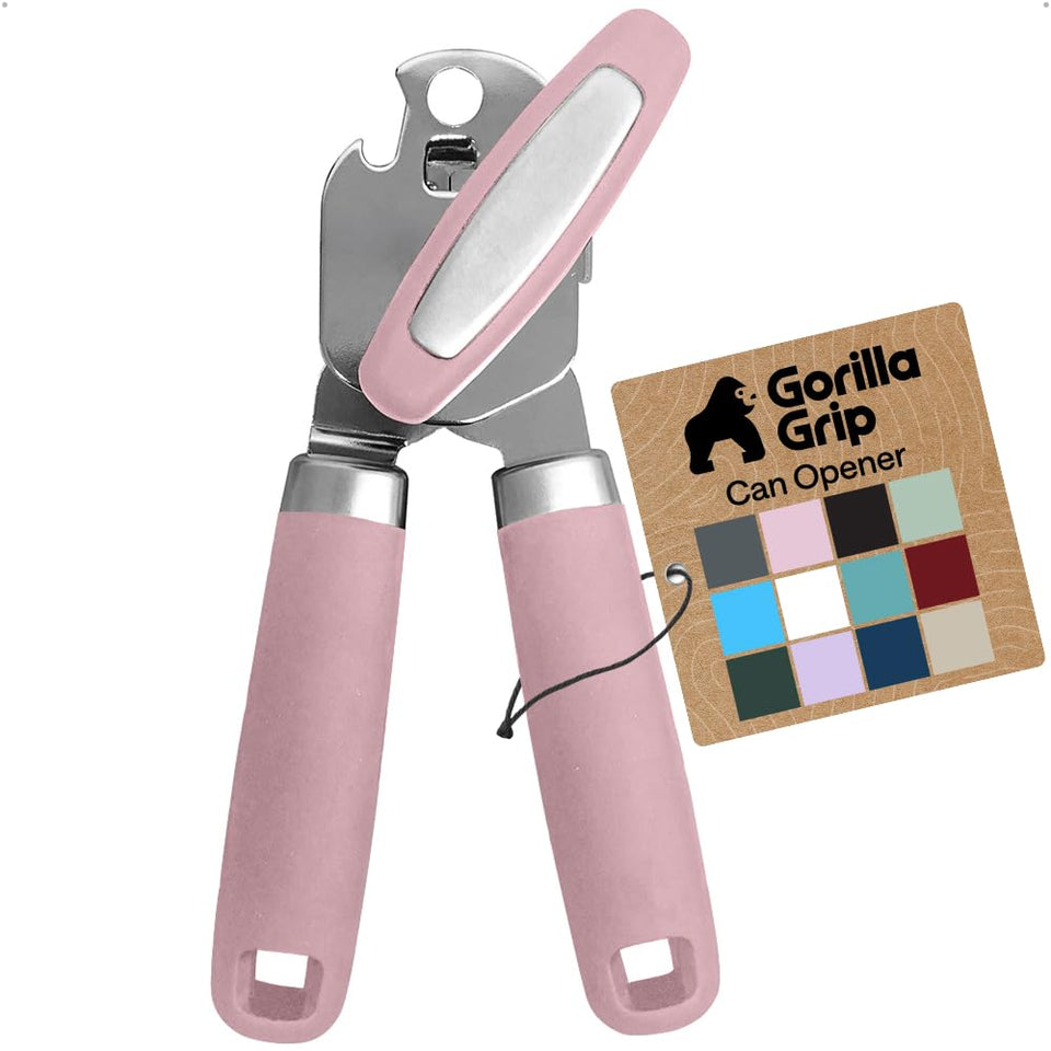GORILLA GRIP heavy-duty can opener with pink handle for comfortable opening.