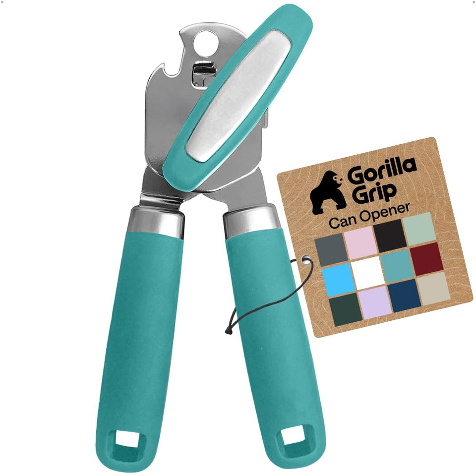 GORILLA GRIP heavy-duty can opener in turquoise for easy opening.