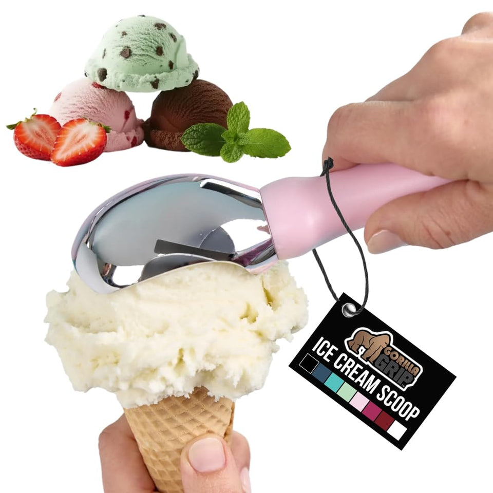 GORILLA GRIP heavy-duty ice cream scoop in pink delivers smooth scooping through hard ice cream.