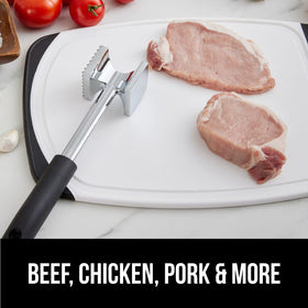 GORILLA GRIP meat tenderizer in action for flavorful results.