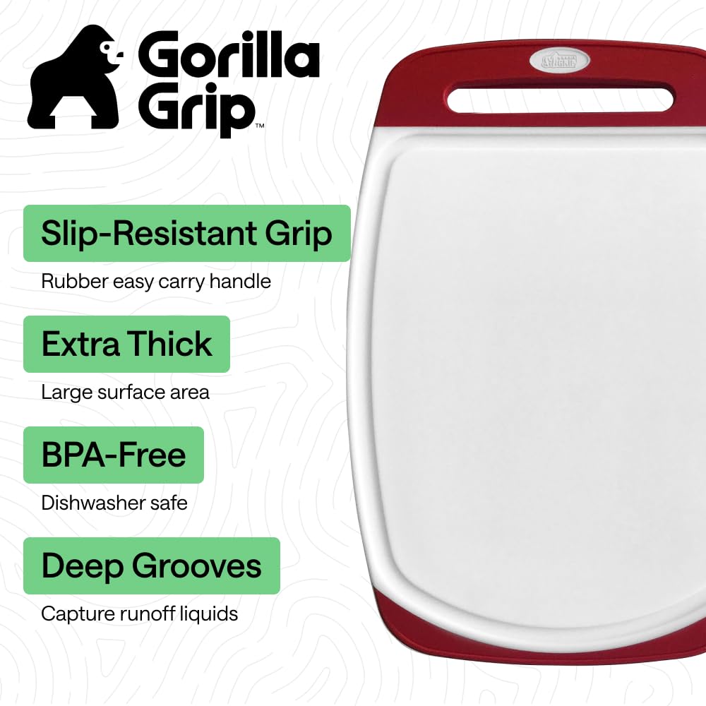 GORILLA GRIP board with deep juice grooves to catch liquids during prep.