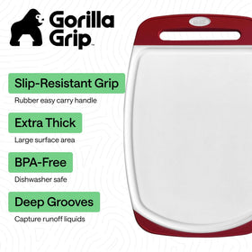 GORILLA GRIP board with deep juice grooves to catch liquids during prep.