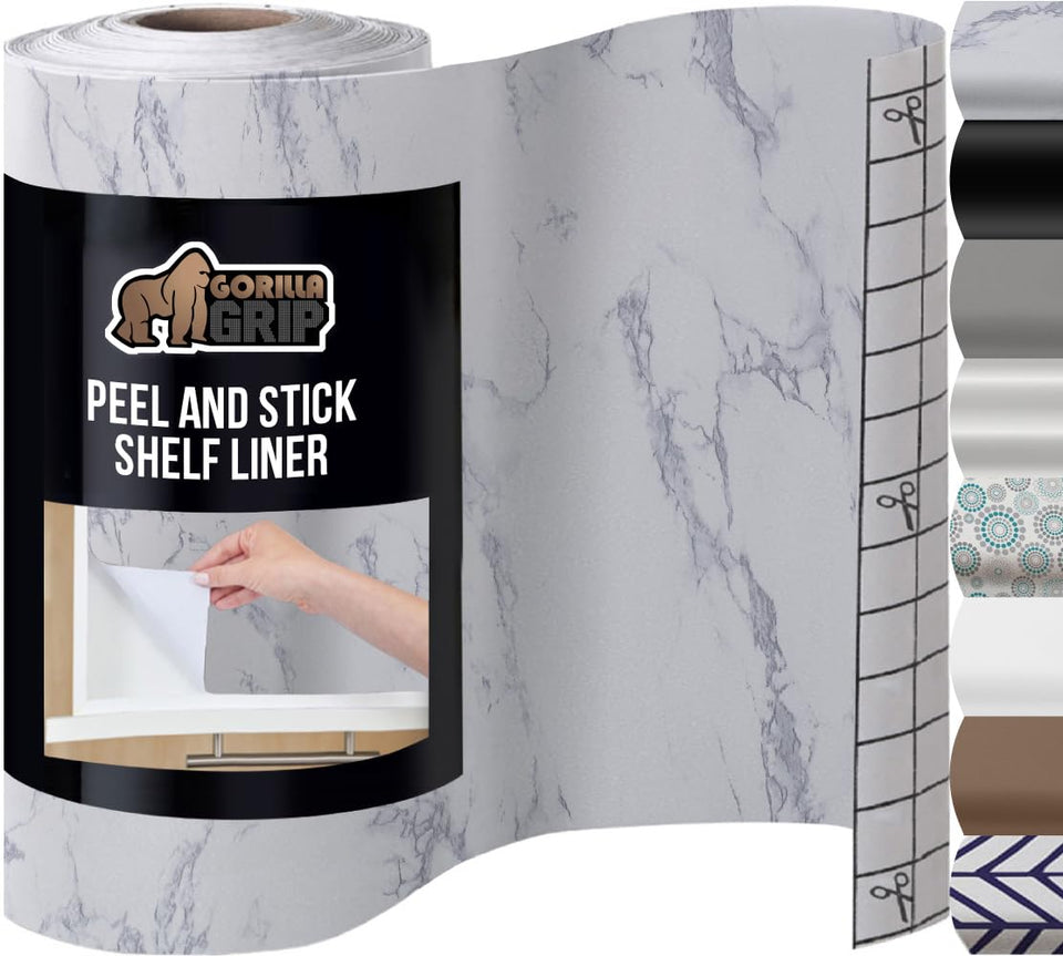 GORILLA GRIP peel-and-stick white marble liner on shelves for easy protection.
