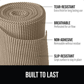 GORILLA GRIP powerGRIP liner laid on a cabinet shelf to prevent items from shifting.