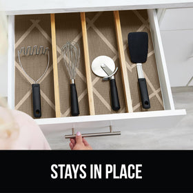 Cut-to-fit powerGRIP liner adapted to irregular cabinet spaces