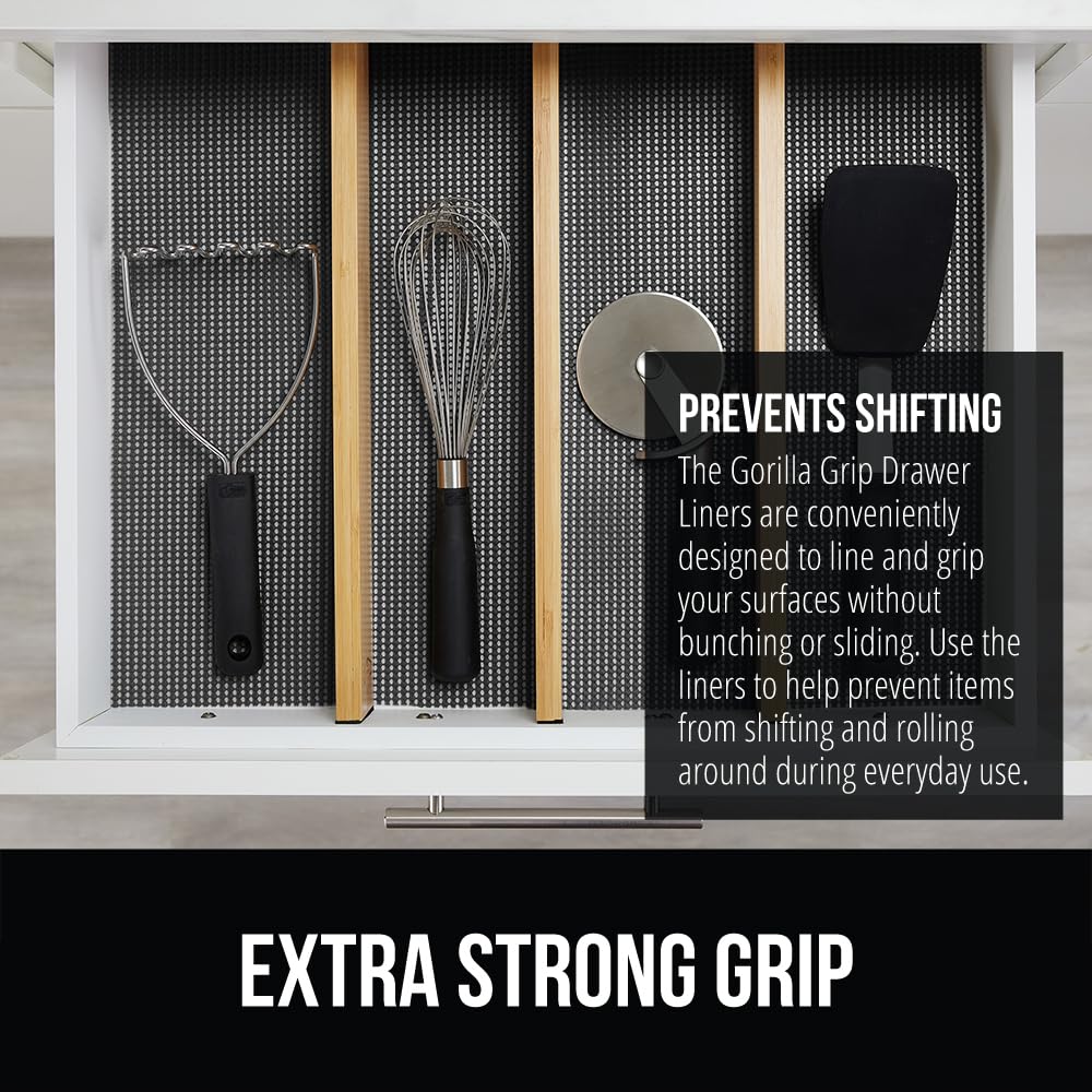GORILLA GRIP powerGRIP drawer liner keeps items in place in kitchen.