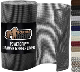 GORILLA GRIP powerGRIP drawer liner charcoal roll for non-slip protection.