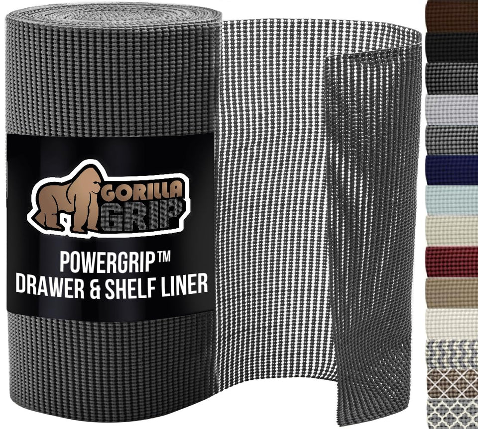 GORILLA GRIP powerGRIP drawer liner charcoal roll for non-slip protection.