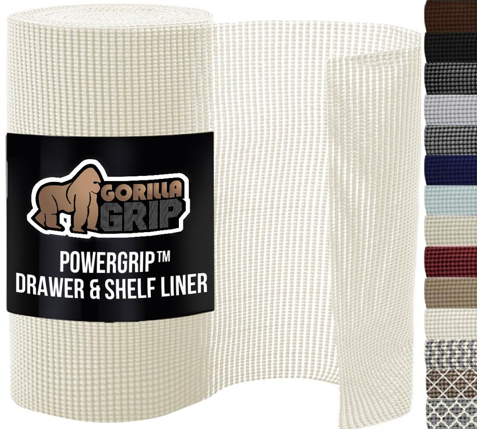 Gorilla Grip PowerGRIP Drawer Liner keeps utensils steady in kitchen drawers.