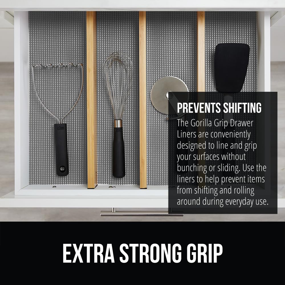 GORILLA GRIP powerGRIP liner shows non-adhesive, tear-resistant surface on a cabinet.