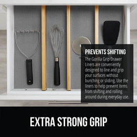 GORILLA GRIP powerGRIP liner shows non-adhesive, tear-resistant surface on a cabinet.