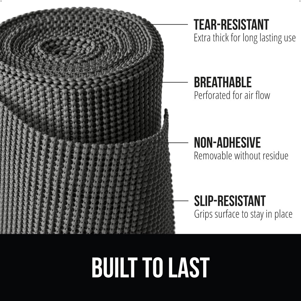 GORILLA GRIP powerGRIP shelf liner charcoal installation in cabinet for organization.