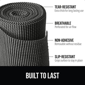 GORILLA GRIP powerGRIP shelf liner charcoal installation in cabinet for organization.