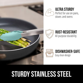 Gorilla Grip pull-lock keeps tongs compact for storage.