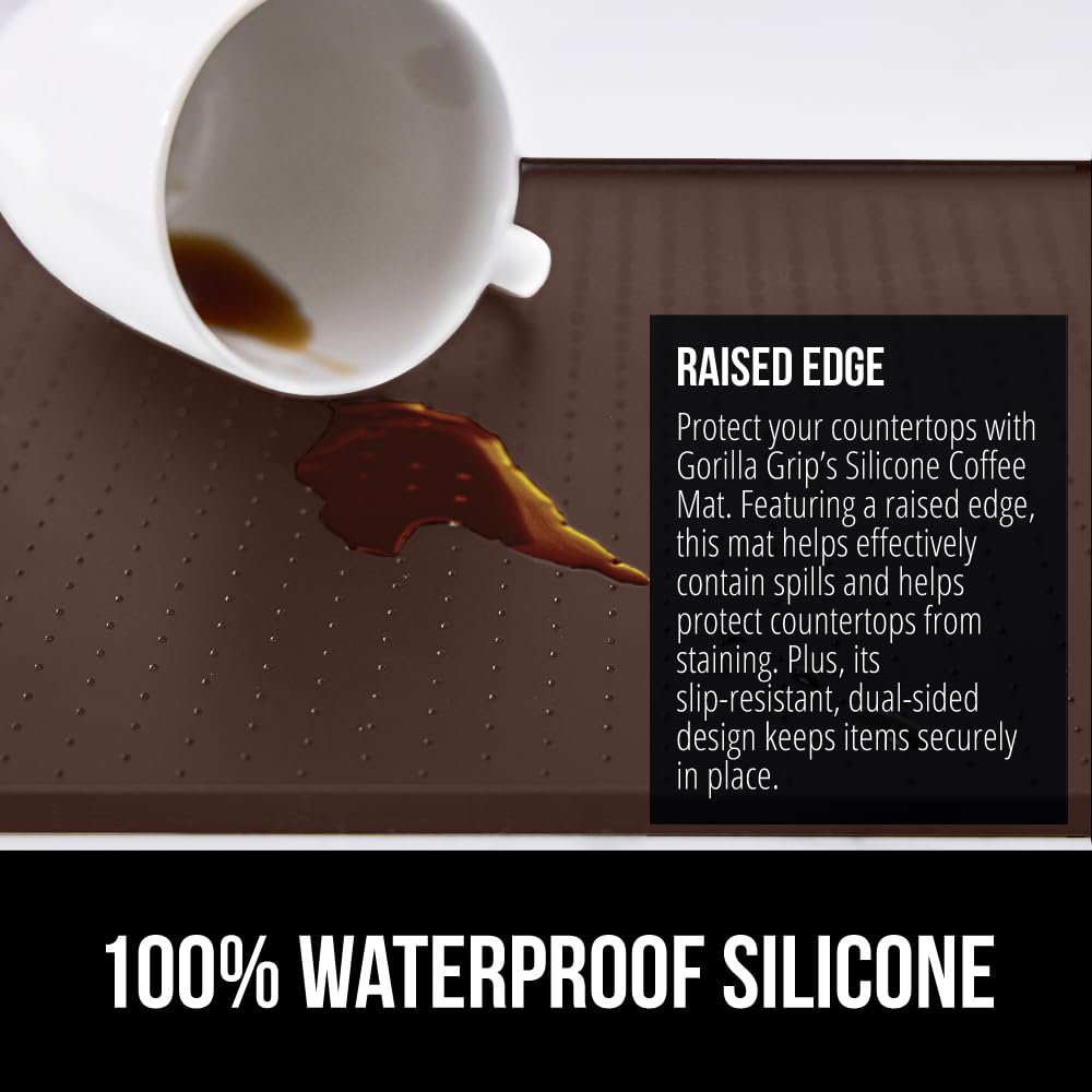 Gorilla Grip silicone coffee mat counter protection with raised edge contains liquids.