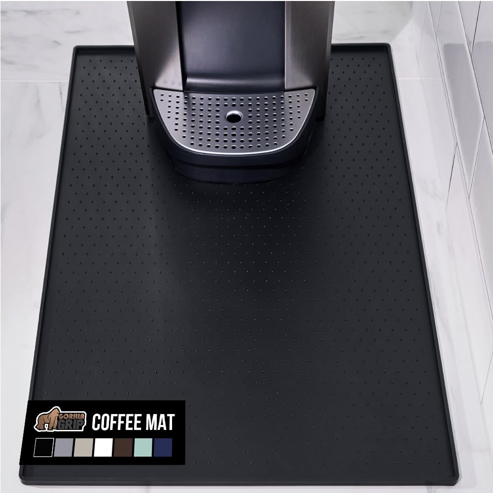 Gorilla Grip silicone coffee mat with raised edge protecting countertops from spills.